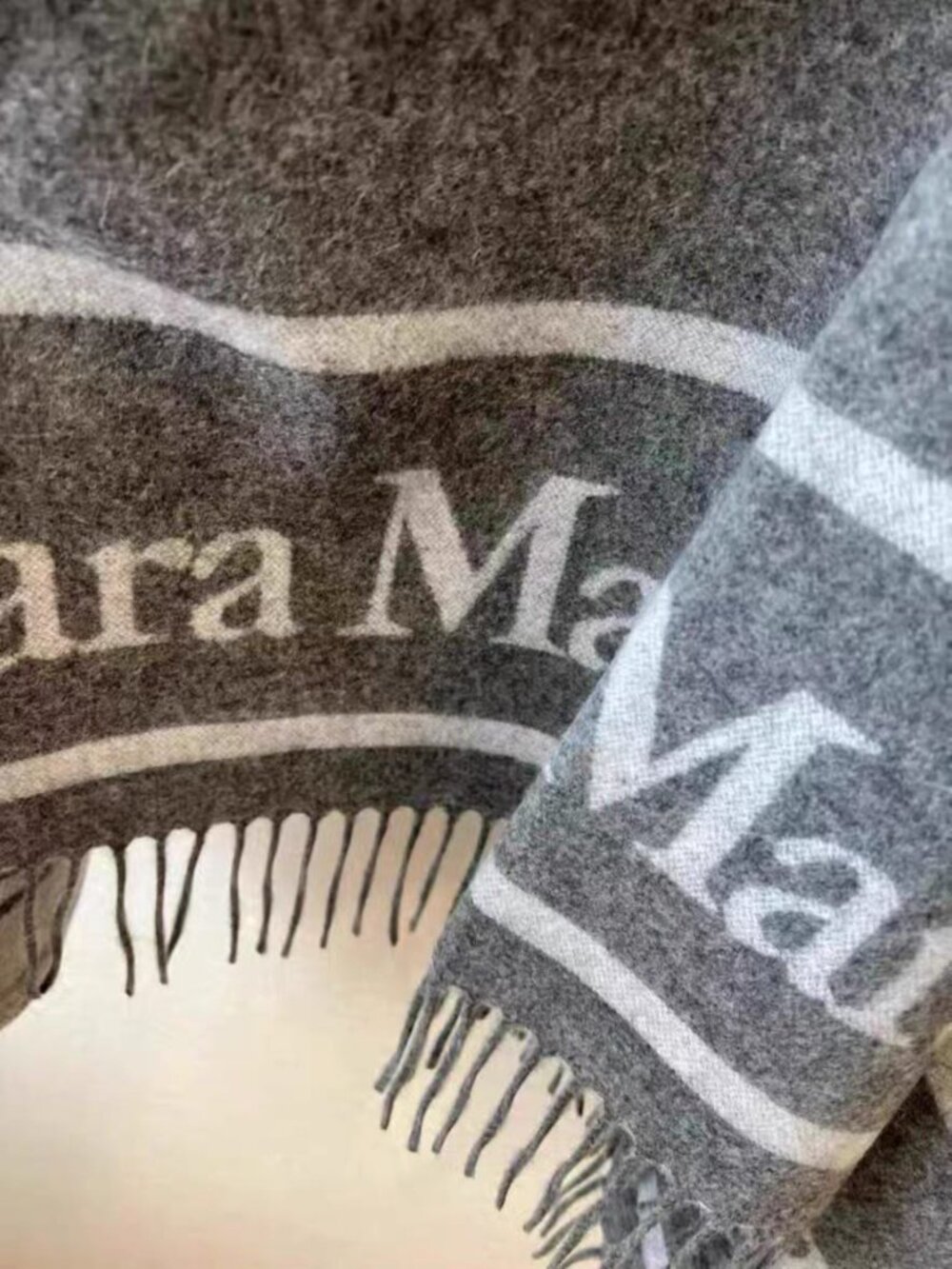 Max Mara Hilde Wool Jacquard Logo Poncho Cape Fringe Shawl Medium Gray ONE SIZE - Picture 6 of 9